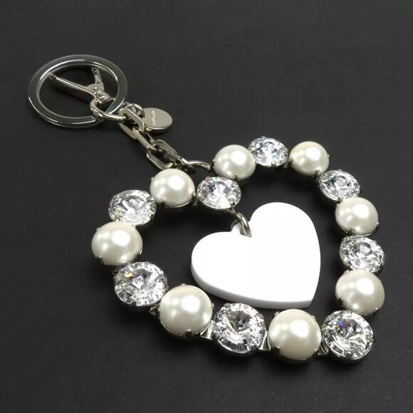MIUMIU Heart Motif Bag Charm Key Ring Silver/White Metal/Faux Pearl